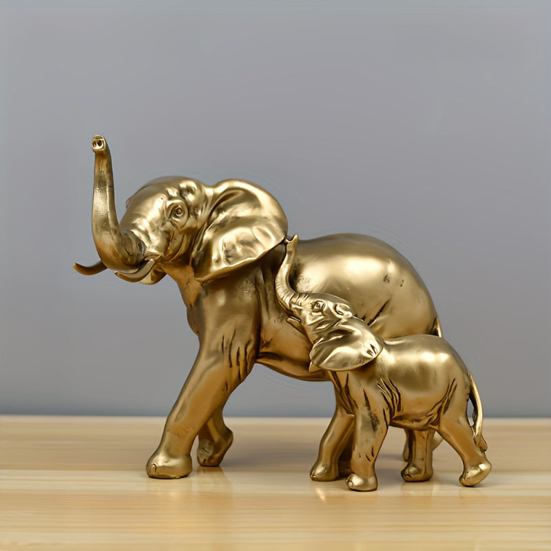 Figura de Elefante Dorado de Madre y Crías - Decoración de Resina para Sala de Estar, Entrada, Estantería - Regalo Perfecto para Acción de Gracias