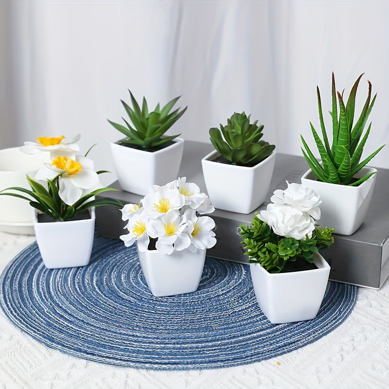 Conjunto de 6 Piezas de Suculentas y Flores Artificiales Realistas en Macetas Blancas - Perfecto para el Hogar, Escritorio de Oficina y Centros de Mesa | Set de Plantas Falsas de Tacto Real para Decoración de Todas las Estaciones