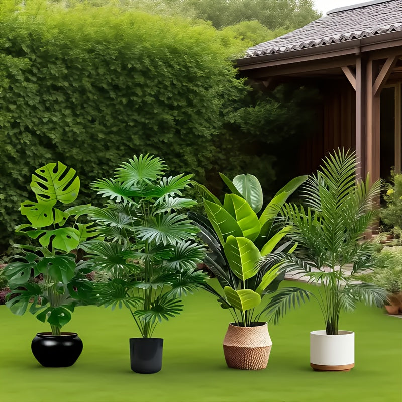 Juego de 4 piezas para todas las estaciones, incluye 48 plantas artificiales de hojas grandes. Adecuado para exteriores - árboles decorativos tropicales de hoja ancha, macetas para interiores y exteriores todo el año, estilo nórdico para bodas