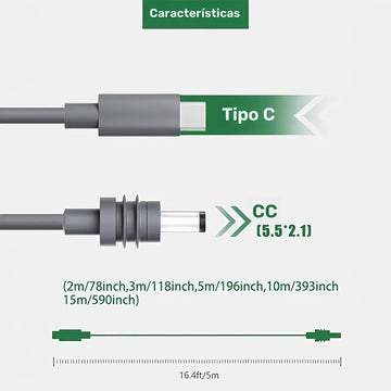 Cable de alimentación DC a USB C, cable de carga de entrada USB C a salida DC, funciona con cargador PD y banco de energía PD, salida DC