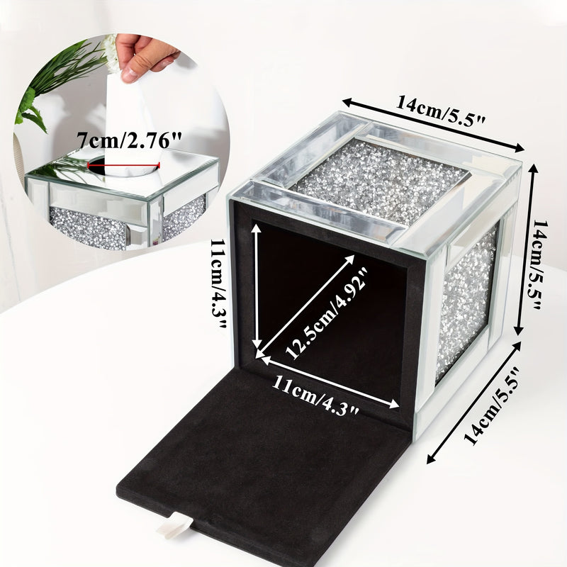 Lujo Caja de Pañuelos de Vidrio con Diamantes Triturados - Exquisito Soporte Cuadrado con Espejo y Cristales Brillantes para Decoración de Baño, Tocador y Mesa - Perfecto para Decoraciones de Halloween y Navidad