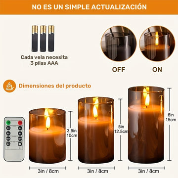 Juego de 3 velas sin llama, velas LED con batería, llama parpadeante, control remoto, ideal para hogar, dormitorio, propuesta de matrimonio, Navidad, Halloween, fiestas y decoración