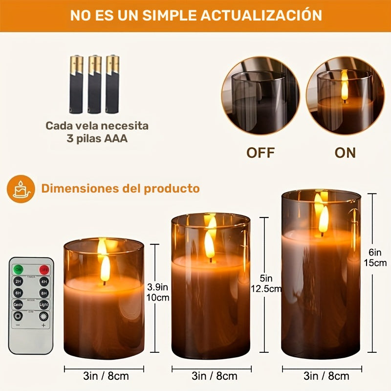 Juego de 3 velas sin llama, velas LED con batería, llama parpadeante, control remoto, ideal para hogar, dormitorio, propuesta de matrimonio, Navidad, Halloween, fiestas y decoración