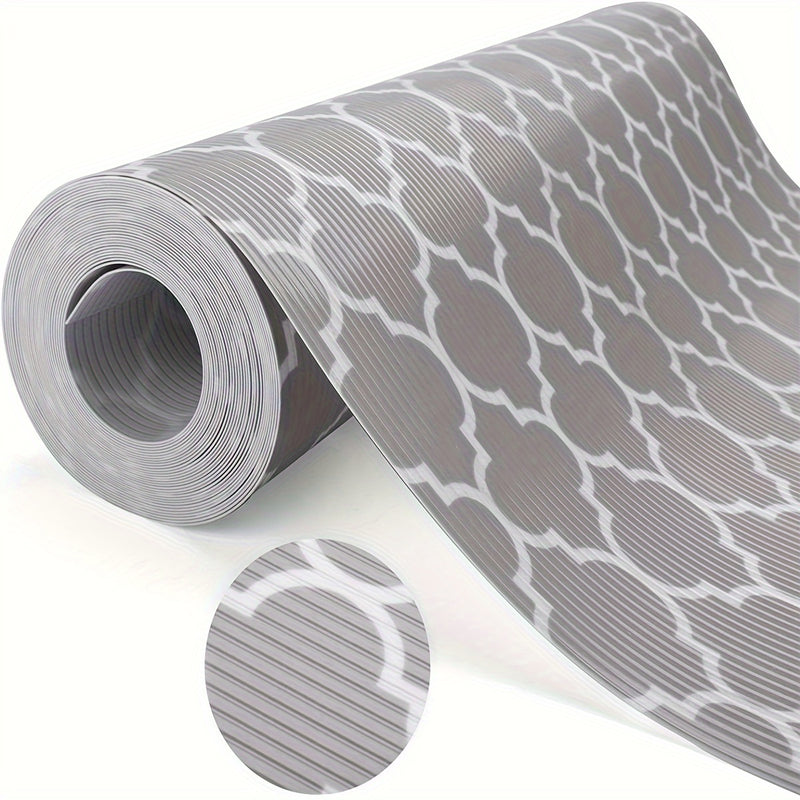 1 Rollo de Forro para Estantes Impermeable y No Adhesivo con Diseño Elegante de Trébol Gris y Blanco y Ondas - Tapete de Plástico Duradero y Cortable para Refrigeradores, Cajones de Cocina, Armarios | Antideslizante, Impermeable, Mantel para Refrigerador