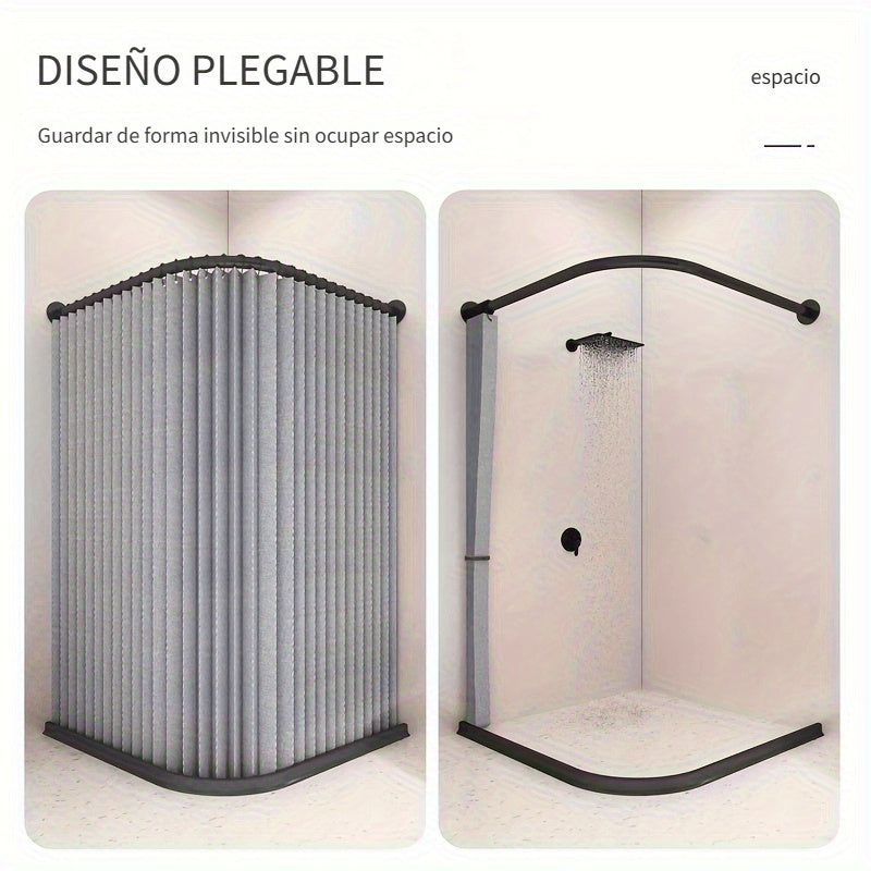 Cortina de baño plegable para esquinas curvas, 1 juego, separación de áreas secas y húmedas, con ganchos rodantes negros, succión magnética doble, material de lino imitación en ambos lados, ideal para baño de casa o vestidor