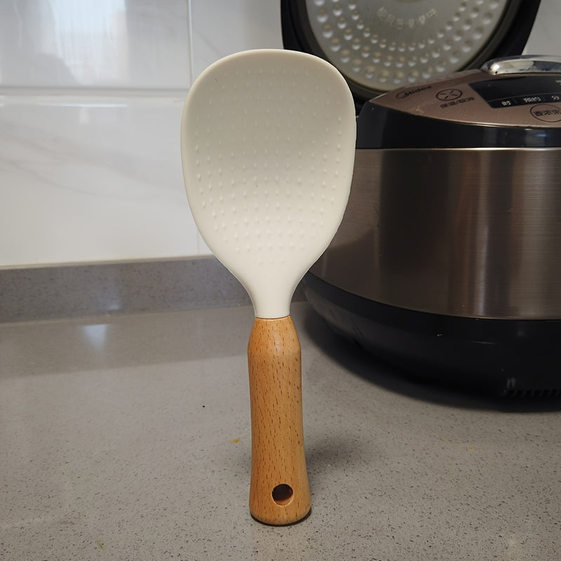 1 Unidad, Cuchara De Arroz De Silicona Con Mango De Madera, Utensilio Para Utensilios De Cocina Antiadherentes, Herramienta Para Servir Duradera Y Conveniente, Artilugio De Cocina