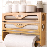 [Rollos de Bambú en la Pared] Portarrollos de Tejido de Bambú Montado en la Pared - 1 ud Dispensador de Envoltura de Plástico con Caja de Corte de Múltiples Compartimentos