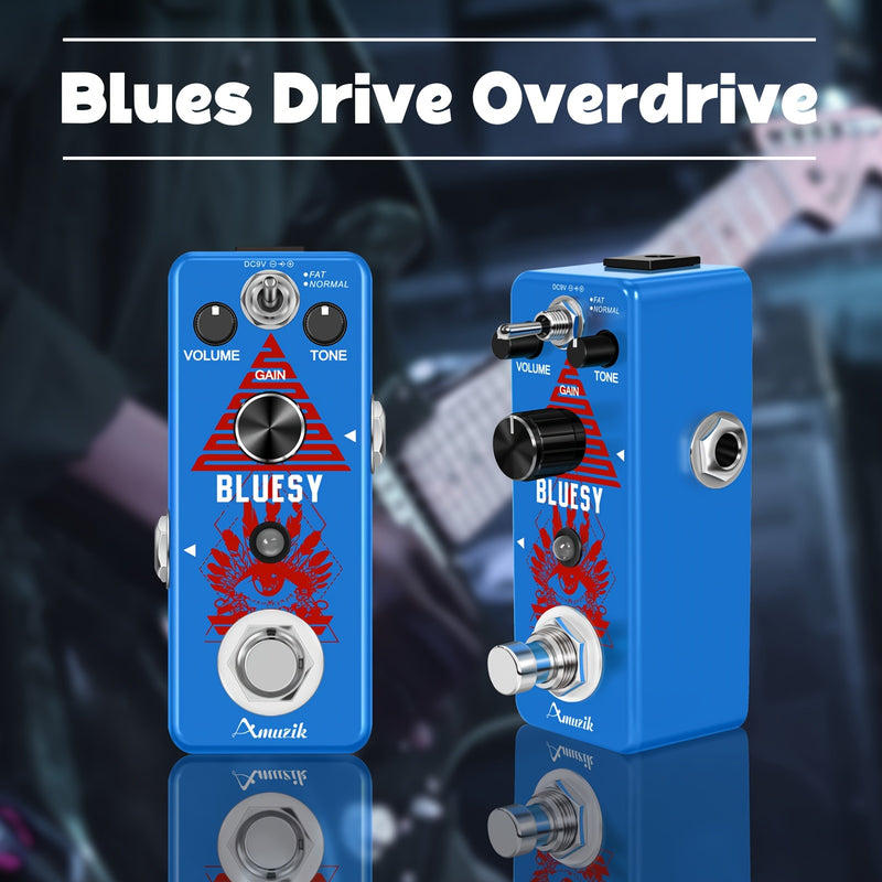 Amuzik Blues Driver Pedal de Guitarra - Efecto Overdrive Vintage con Potenciómetro, Volumen y Tonos, True Bypass, Alimentación USB, Compacto para Guitarra Eléctrica y Bajo - Diseño Gráfico Audaz, Construcción Robusta para Uso en Vivo y Estudio, Rendimien
