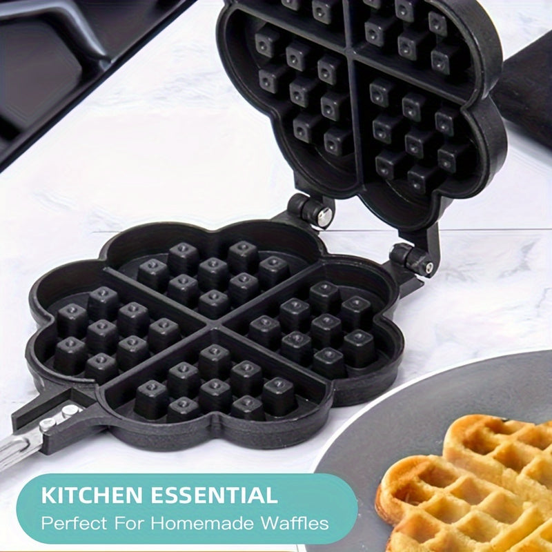 1 pieza, sartén de waffles de corazón de doble cara antiadherente, molde de waffles de aleación de aluminio con mango negro, perfecto para waffles belgas y sandwiches, accesorio de cocina para hornear, molde de waffles