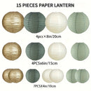 Conjunto de 15 faroles de papel verde salvia - Decoraciones colgantes de varios tamaños para bodas, despedidas de soltera, cumpleaños, fiestas - Decoración navideña, de Acción de Gracias, de San Valentín - No se necesita electricidad