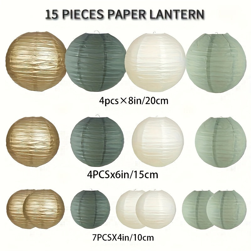 Conjunto de 15 faroles de papel verde salvia - Decoraciones colgantes de varios tamaños para bodas, despedidas de soltera, cumpleaños, fiestas - Decoración navideña, de Acción de Gracias, de San Valentín - No se necesita electricidad