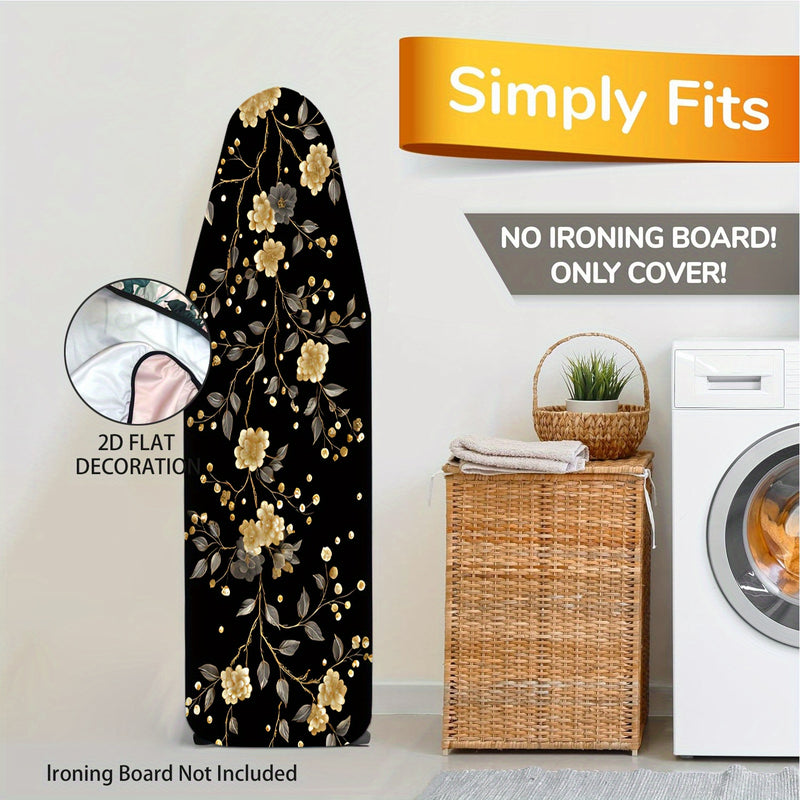 2D Plano, 2D Plano Tapete de Tablero de Planchar Floral - Lavable, Diseño Sin Planchar, Fácil de Instalar, Se Ajusta a la Mayoría de Tamaños Estándar, Elegante Patrón Floral Negro y Dorado, Perfecto para Decoración del Hogar, Accesorios de Planchar, Deco