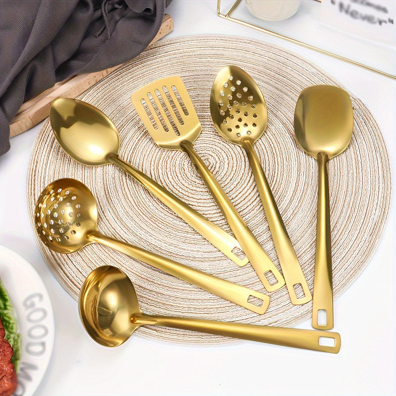 Juego de 6 utensilios de cocina de acero inoxidable - Prácticas herramientas de cocina con cuchara ranurada, espumadera, cuchara maciza, espátula, espátula ranurada - Batería de cocina multiusos duradera para el hogar y el restaurante