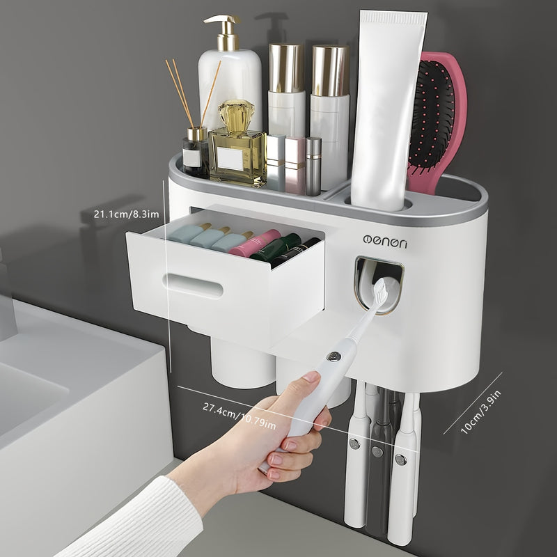 1 Juego De 2/3/4 Piezas, Porta Cepillos De Dientes Para Baños, Vasos Porta Cepillos, Montado En La Pared Con Dispensador De Pasta De Dientes, Bandeja De Gran Capacidad, 2 Cajones Para Cosméticos, Organizador De Baño Y Accesorios De Baño