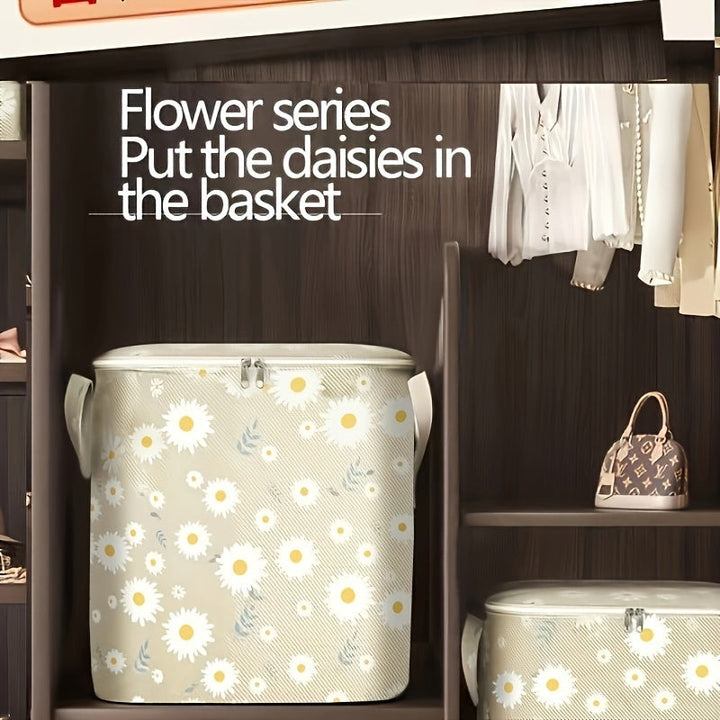 1pc Bolsa de almacenamiento de gran capacidad para ropa y edredones - Ultra gruesa, duradera no tejida organizador con patrón floral, ideal para mudanzas y embalaje, organizador de almacenamiento de ropa