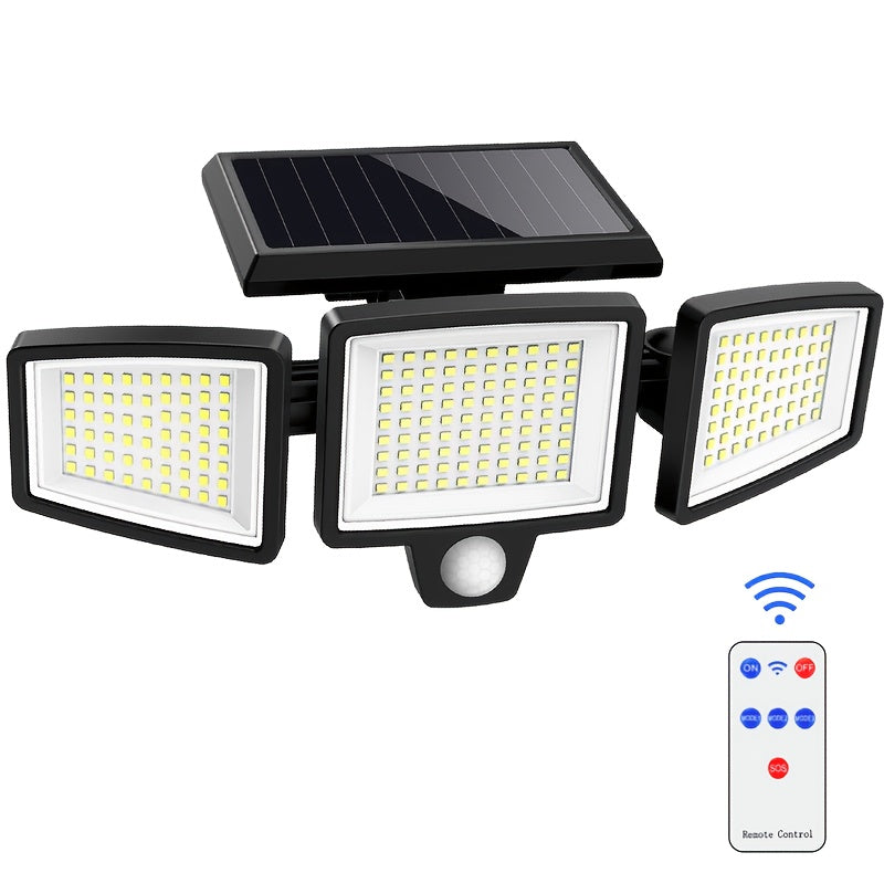Paquete de 2/1 Lámpara Solar Exterior con Control Remoto, Luz de Seguridad de 210 LED con Sensor de Movimiento y Tres Cabezas, Ángulo Amplio de 270°, Resistente al Óxido, 3 Modos