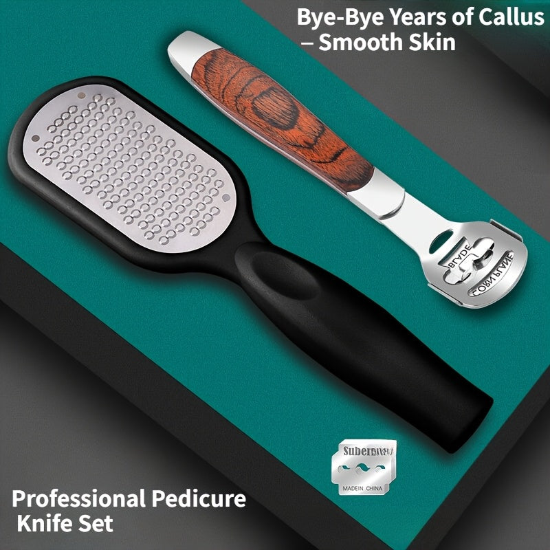 2 piezas, juego profesional de cuidado de pies: Remover + limpiador de pies - Exfolia profundamente la piel muerta, diseño de mango antideslizante, acero inoxidable duradero, perfecto para pedicures en casa y uso en salones, elimine los talones ásperos,