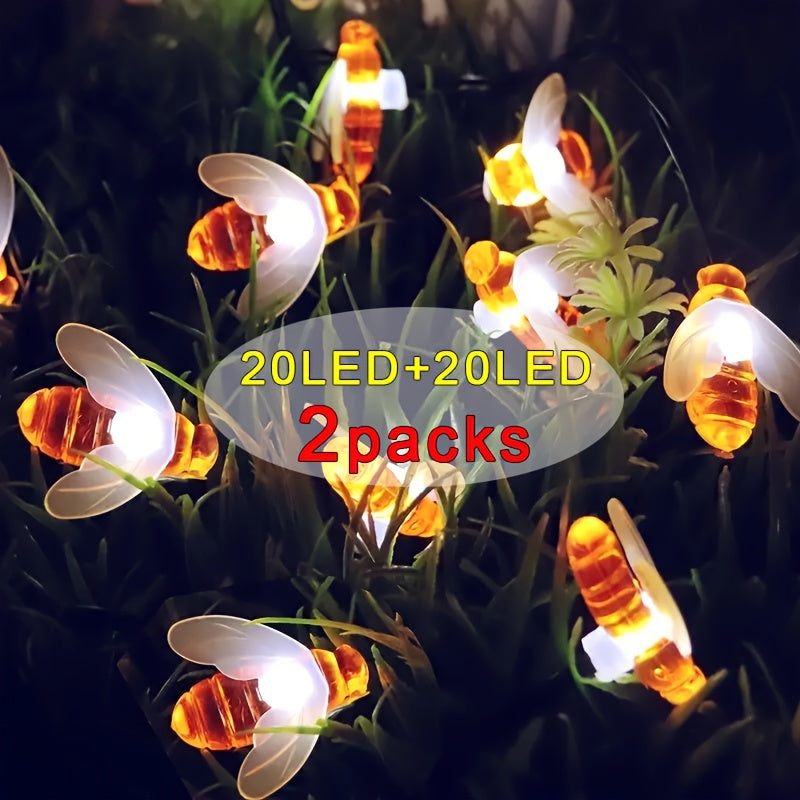 Luces de hada de jardín navideño solares en forma de abeja, pack de 2, 60 LED, luces de jardín de tema animal de plástico, control de botón, luz blanca, alimentadas por energía solar con batería de níquel de 600mAh, función de parpadeo, paneles solares r