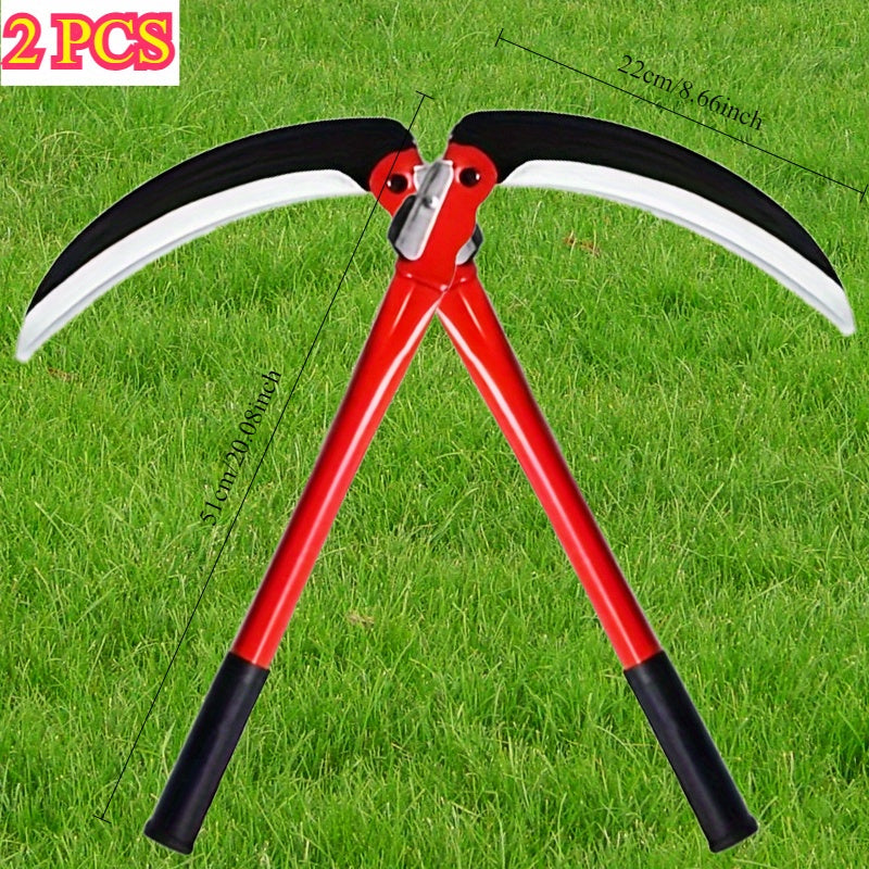 2-Pack Guadaña Plegable de Mango Largo - Herramienta Manual para Cosecha y Jardinería, Acero al Manganeso, Multifuncional para Trigo, Césped y Granja - Diseño Robusto, Hojas Metálicas Duraderas, Mango Ergonómico, Corte Afilado, Ideal para Jardineros Casu