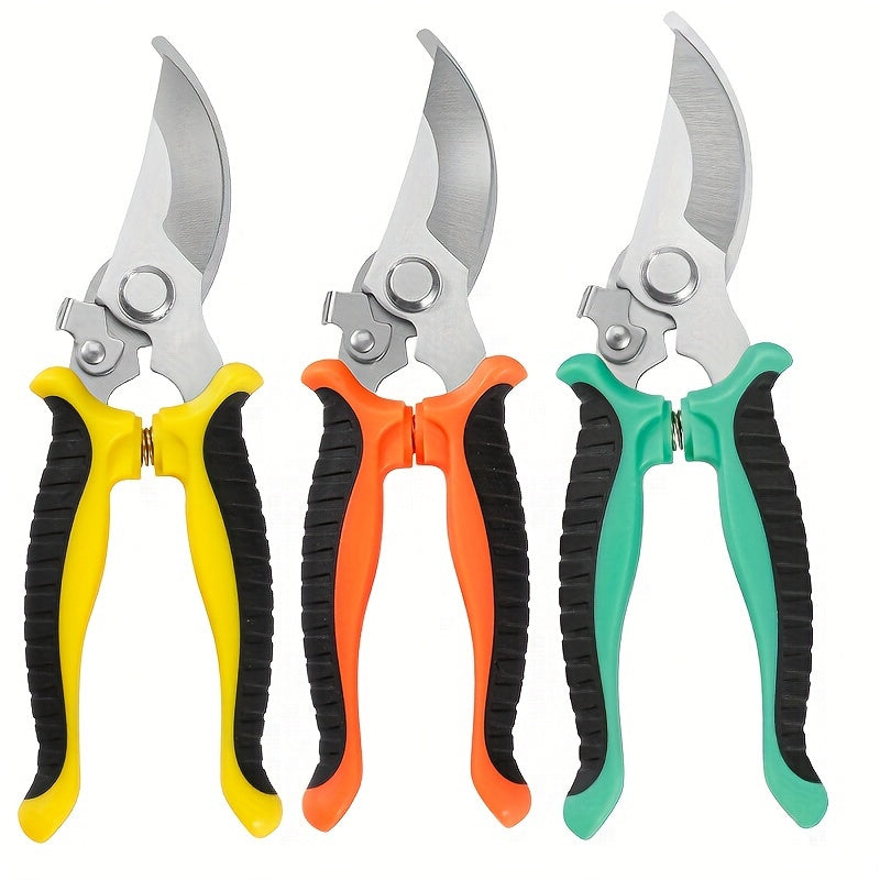 1 Tijeras de poda ergonómicas con mango de goma naranja - Acero inoxidable duradero, diseño antideslizante para jardinería y cuidado de césped, mecanismo de resorte cómodo, ideal para cortar ramas y arbustos, esenciales para el jardín | Tijeras ergonómic