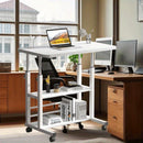 Escritorio y estantería de computadora de doble asiento, MDF con marco de acero, con ruedas univer, acabado blanco y madera - Ideal para trabajo en oficina en dormitorios y salas de estar, almacenamiento de computadora