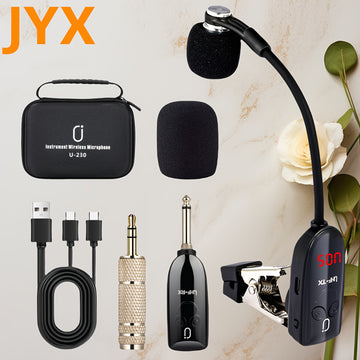 JYX Sistema de Micrófono sin varillas UHF de Alta Calidad Más Reciente, Micrófono para Saxofón con Receptor y Transmisor de Carga USB, Alcance de 160 Pies, Conectar-y-Jugar para Trompeta, Clarinete, Violonchelo, Tuba, Cuerno Francés, Alt