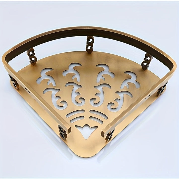 Elegante estante de ducha de esquina con acabado de latón estilo europeo antiguo - Soporte de almacenamiento de pared de aluminio para baño, diseños florales decorativos, no incluye tuberías metálicas, decoración y accesorios para el baño.