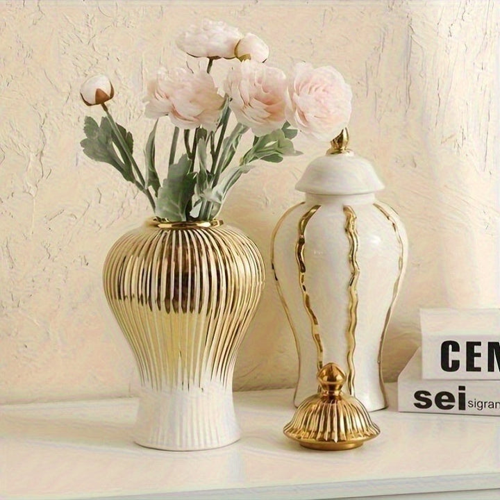 1 pieza de elegante jarrón de cerámica blanco y dorado con tapa - Patrón geométrico, jarra decorativa para almacenamiento de té, perfecta para el hogar, la oficina o el escritorio, regalo ideal para vacaciones, decoración de jarrones para el hogar.