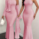 YY0102111 Conjunto Elegante de Vestido Camisola y Cárdigan de Color Sólido 2 Piezas, Adecuado para Primavera Verano Otoño