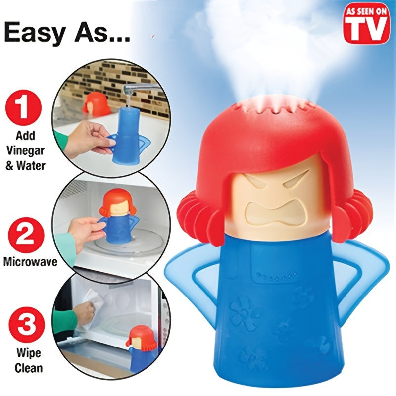 1pc Limpiador de Microondas Creativo de Mamá Enfadada - Tipo Spray Fácil de Usar, Elimina Aceite y Suciedad, Plástico Rojo y Azul con Diseño de Flores, Ideal para Uso Doméstico