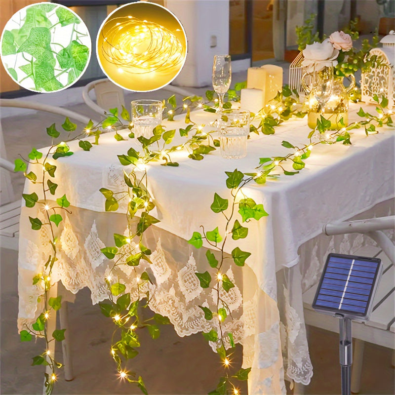 1 ud., Luces de Cadena con Hojas Artificiales de Hiedra Alimentadas por Energía Solar, 50/100 LED en Cable de Cobre para Jardín Exterior, Pared, Balcón, Valla, Árbol, Bodas, Fiestas y Decoración Navideña con 8 Modos