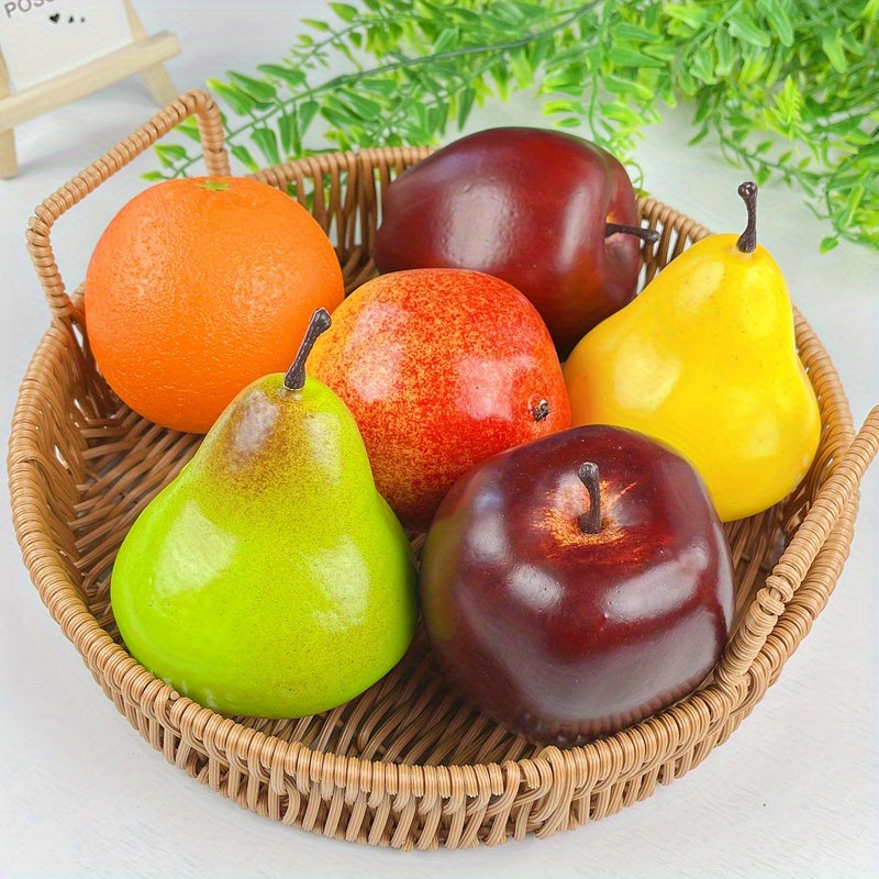 6 piezas de frutas artificiales sólidas - Falsa pera amarilla, naranja, granada, manzana roja Fuji - Decoración del hogar para fiestas de Navidad, adornos navideños, todas las estaciones adecuadas