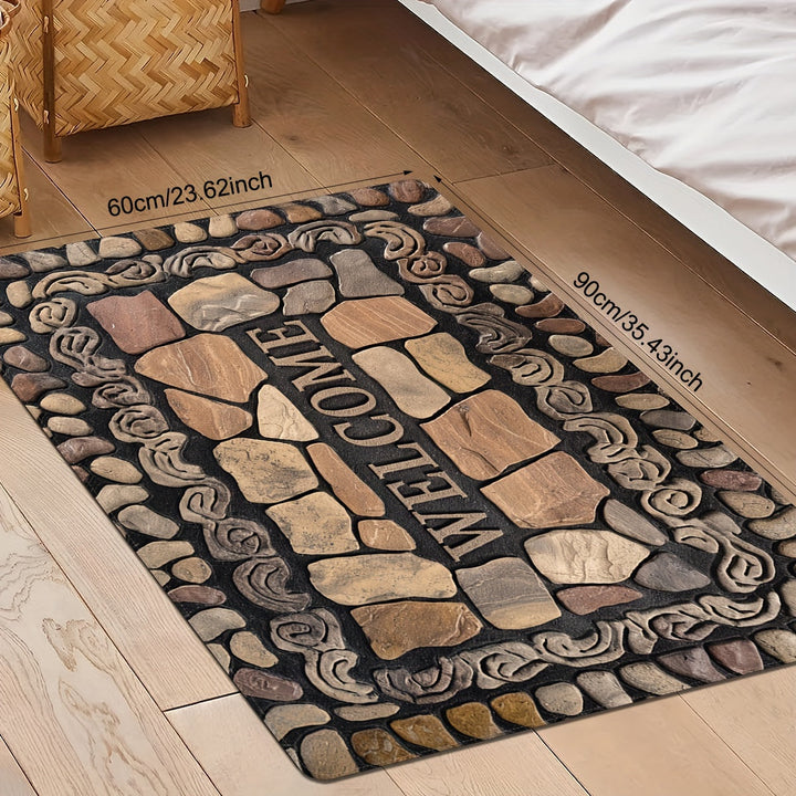1 pieza, alfombra de bienvenida con estampado de piedras - Alfombra de suelo de poliéster antideslizante para uso interior/exterior, secado rápido, ideal para entrada, cocina, lavandería, baño y más, alfombra de área lavable