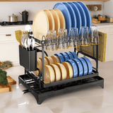 Estante de drenaje de alta resistencia: Hecho de acero de carbono de doble capa (con tablero de drenaje) | Ranura para cuchillos + soporte para cucharas y tenedores - Resistente a la herrumbre y fácil de limpiar, adecuado para todas las cuatro estaciones.