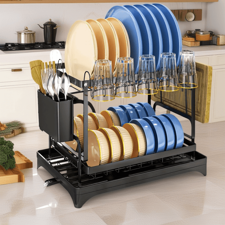 Estante de drenaje de alta resistencia: Hecho de acero de carbono de doble capa (con tablero de drenaje) | Ranura para cuchillos + soporte para cucharas y tenedores - Resistente a la herrumbre y fácil de limpiar, adecuado para todas las cuatro estaciones.