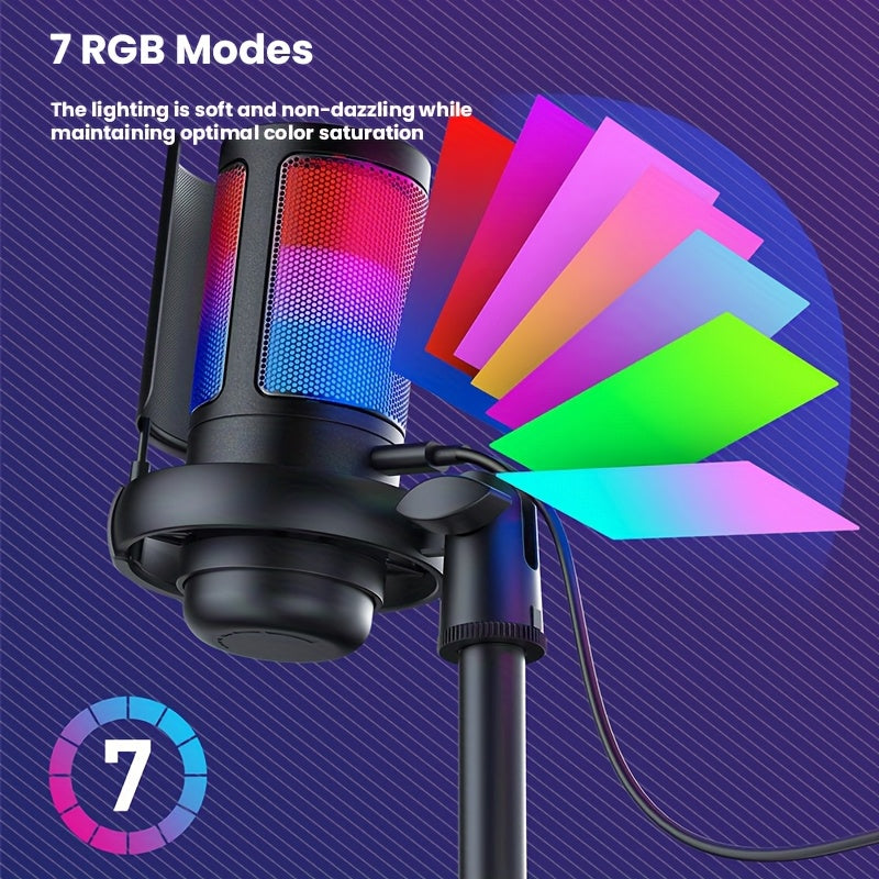 Micrófono de condensador USB, micrófono de condensador con función de silencio rápido, indicador RGB, botón giratorio de ganancia, para grabación vocal de podcasts, transmisiones en vivo y juegos