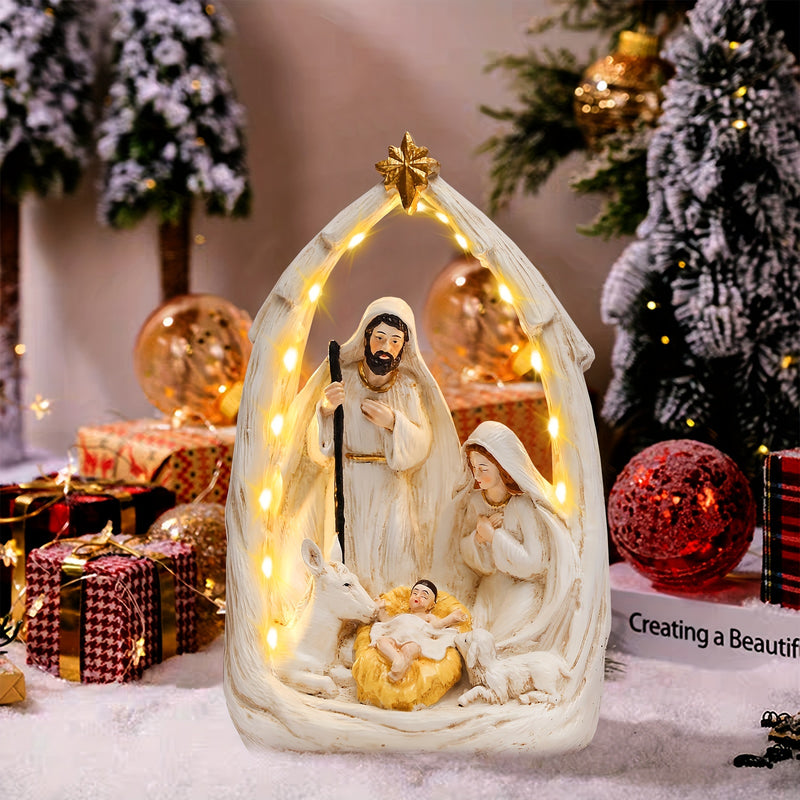 1 pieza de escena de nacimiento de Jesús con luces LED y energía solar estilo Art Deco, figura de resina para decoración navideña exterior, regalo religioso para familia, amigos y cristianos, funciona con pilas AA (no incluidas)