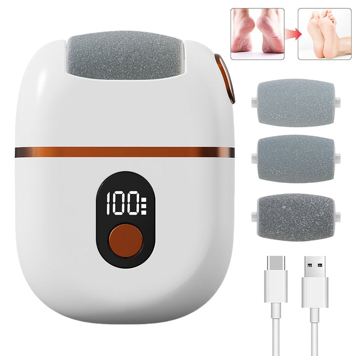 Masajeador eléctrico de pies recargable con pantalla digital - Incluye 3 cabezas de repuesto, carga USB, diseño portátil para un cuidado suave de los pies y pedicura.