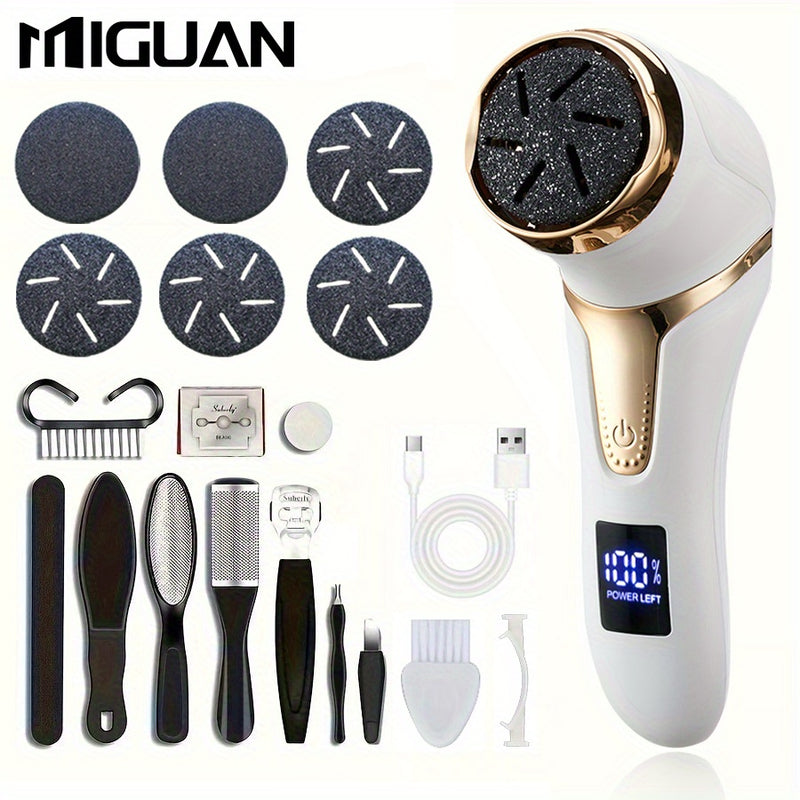 Kit de eliminación de pies eléctricos recargable con 5/6 cabezas de molienda de repuesto o 10 herramientas de pedicura, kit de eliminación eléctrica, herramienta profesional de cuidado de pies para piezas muertas, beige y duras, con soporte para lavado c