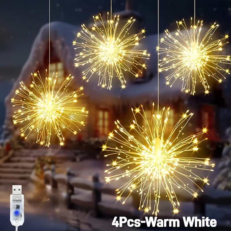 Luces LED de Fuegos Artificiales, 4 pzas Luces LED de Fuegos Artificiales Alimentadas por USB con Acabado Cepillado, 8 Modos de Iluminación, Montables en Pared, Luces de Hadas Colgantes de Plástico para Iluminación Decorativa Interior/Exterior