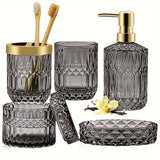 Juego de 5 piezas de vidrio de lujo para baño con recipiente para jabón, soporte para cepillo de dientes y dispensador de jabón para manos
