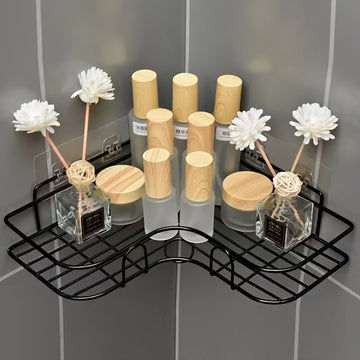 Organizador de baño de acero inoxidable negro resistente al óxido, con 2 repisas para champú, tónico y cosméticos, montaje en pared sin necesidad de taladrar