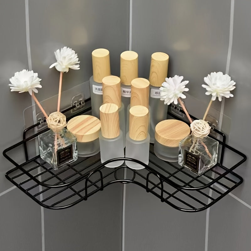 Organizador de baño de acero inoxidable negro resistente al óxido, con 2 repisas para champú, tónico y cosméticos, montaje en pared sin necesidad de taladrar