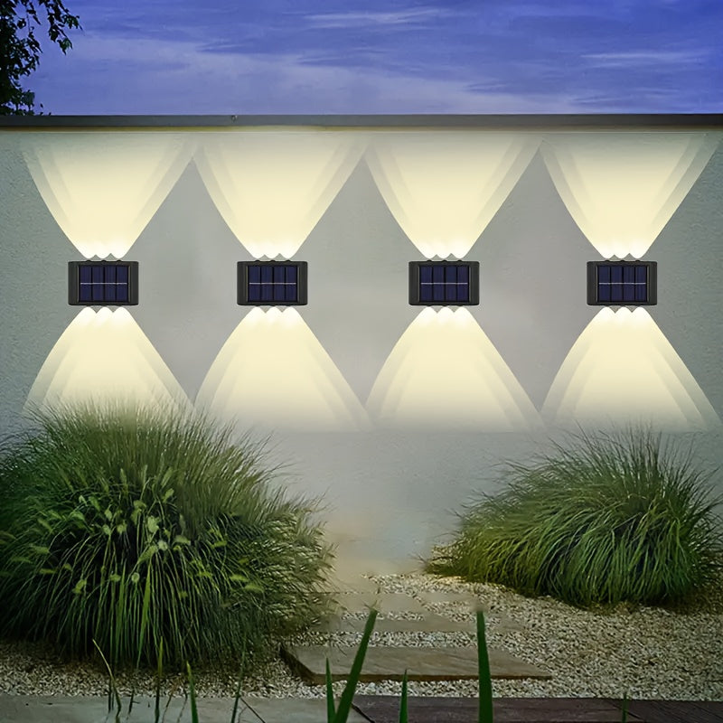 6 luces solares LED para exteriores, iluminación de pared con luz cálida y fría, IP65 impermeable, alimentadas por energía solar con batería de níquel recargable, incluye hardware de instalación, ideal para patio, jardín, porche, barbacoa y decoración de