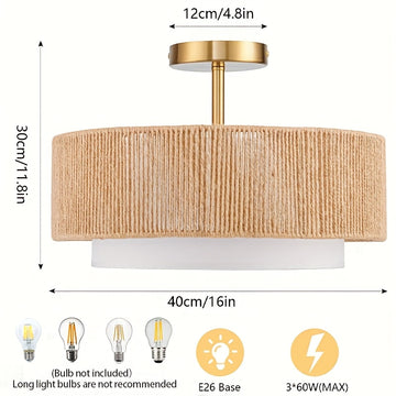 1 pieza de luz de techo integrada de rafia, 3 luces tejidas bohemias, montaje flush, iluminación de granja, moderna, hierro fundido y madera, para sala de estar, cocina, dormitorio, entrada - No incluye bombilla, cerca de la luz de techo