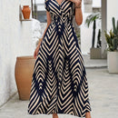 Vestido Maxi con Estampado Geométrico y Escote en V para Mujer 2025 - Vestido Largo A-Line Fluido con Patrón de Zigzag Azul Marino, Lavable a Máquina, Casual para Primavera Verano, Vestidos de Boda Playa para Novias, Tela Duradera