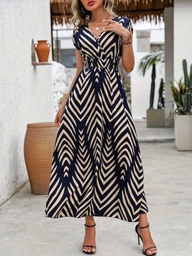 Vestido Maxi con Estampado Geométrico y Escote en V para Mujer 2025 - Vestido Largo A-Line Fluido con Patrón de Zigzag Azul Marino, Lavable a Máquina, Casual para Primavera Verano, Vestidos de Boda Playa para Novias, Tela Duradera