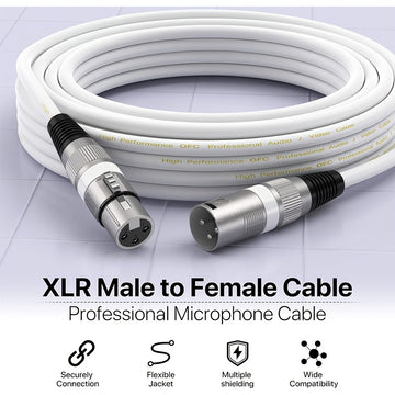 Conjunto de 2 cables para micrófono XLR premium, 15.24 metros - Blanco perla equilibrado con conectores macho a hembra de 3 pines, cobre libre de oxígeno para una transmisión de sonido clara, ideal para actuaciones en vivo, estudios y sistemas de altavoc