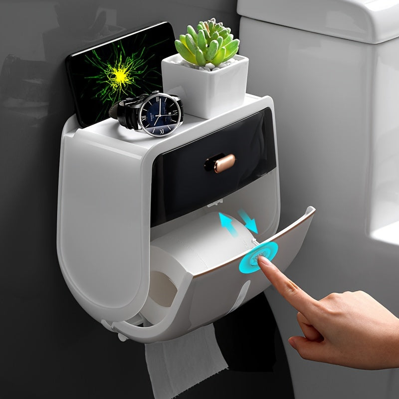 ASWEI Cajón de pañuelos de pared de gran capacidad con estantería, soporte de papel higiénico de plástico autoadhesivo, organizador de pared para baño y cocina