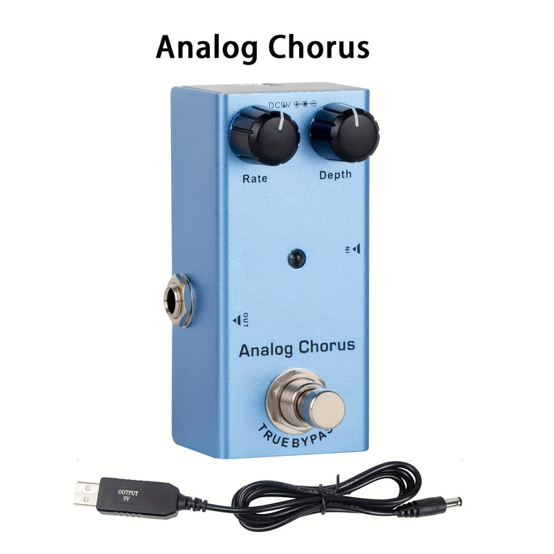 Efecto de coro de guitarra analógico, pedal de aluminio, conmutación de verdadero bypass, alimentado por USB, DC 9V, con cable de aumento de 5V a 9V USB, control de botón, azul claro para guitarra